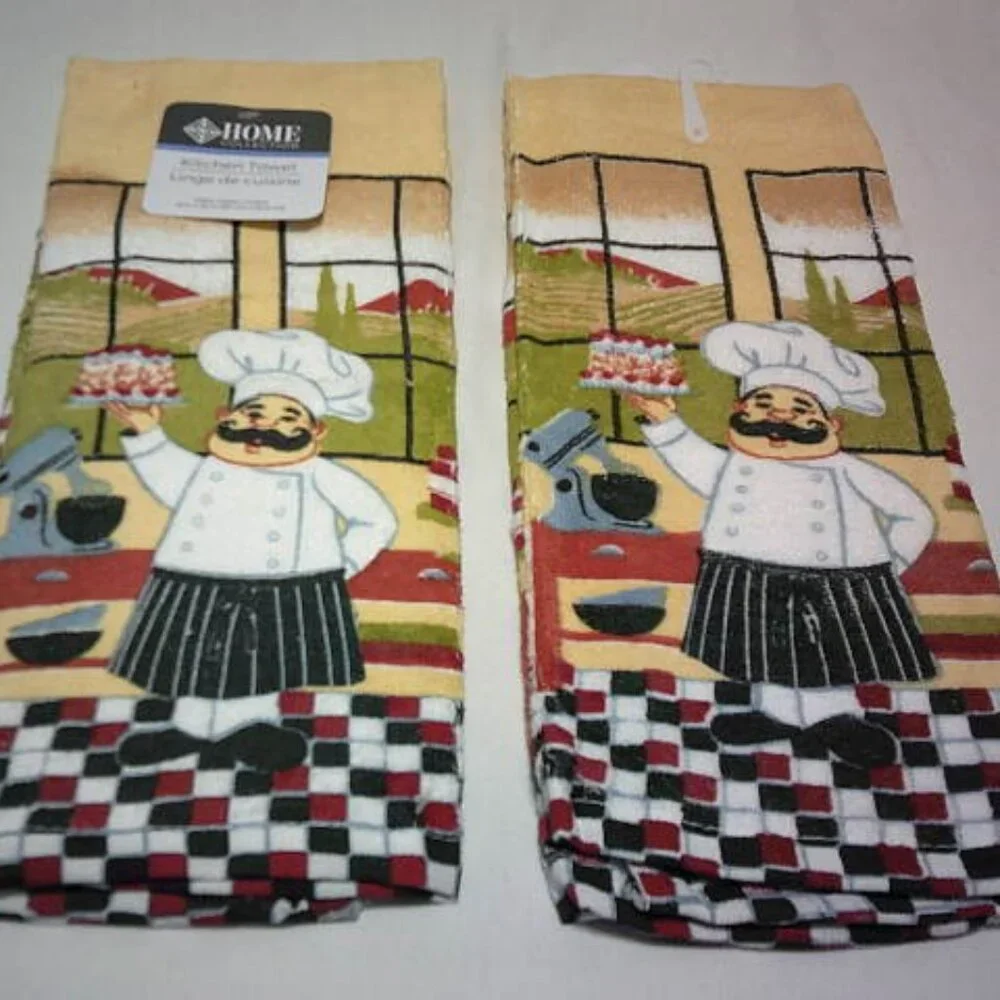 LOT 2 NEW HOME COLLECTION KITCHEN HAND TOWELS FAT ITALIAN CHEF DESIGN 15X25